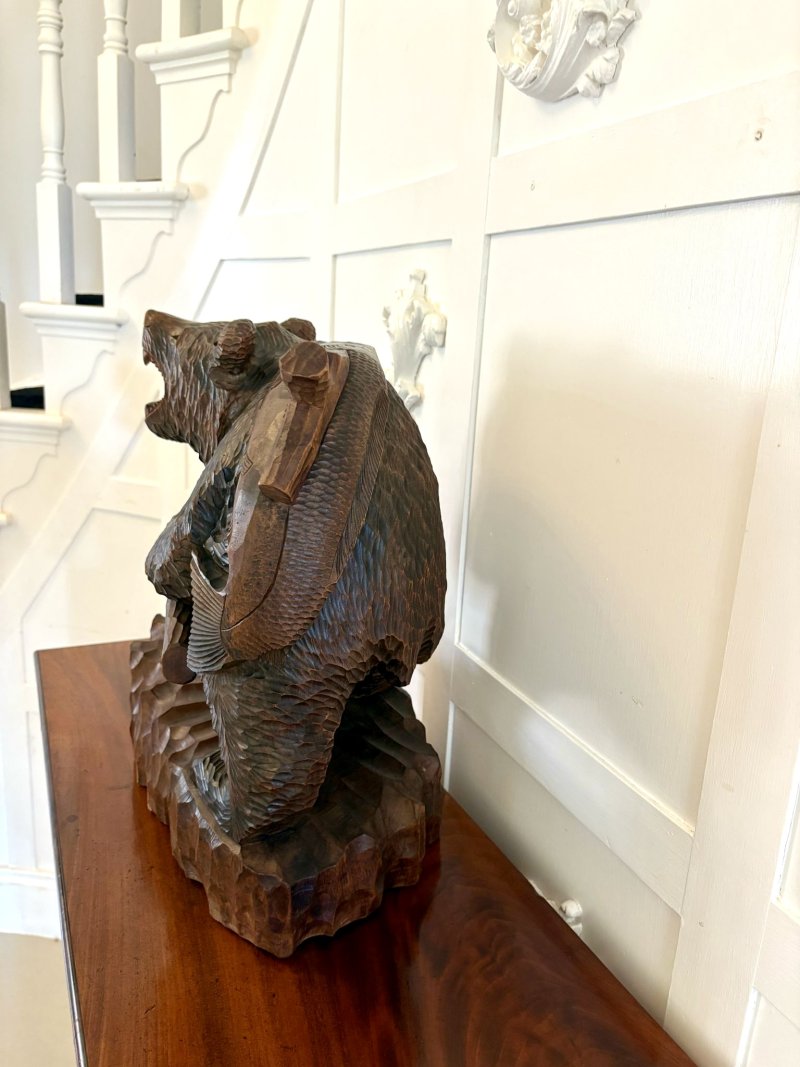 Large Antique Edwardian Quality Carved Linden Wood Japanese Bear Carrying a Fish - Image 5